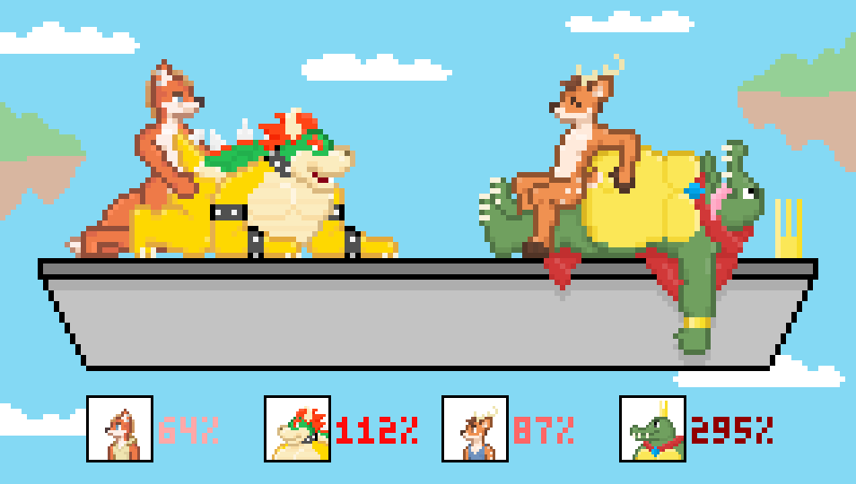 ahegao all_fours anal belly bowser canine cape cervine clothed clothing cloud crocodile crocodilian crown digital_media_(artwork) doggystyle donkey_kong_(series) eyes_closed fox fox_claypaw from_behind_position group handlebarsprites king_k_rool looking_pleasured lying male male/male mammal mario_bros nintendo nude open_mouth outside partially_clothed pixel_(artwork) pixelated reptile riding scalie sex size_difference sky smile super_smash_bros tom_cervo tongue tongue_out video_games