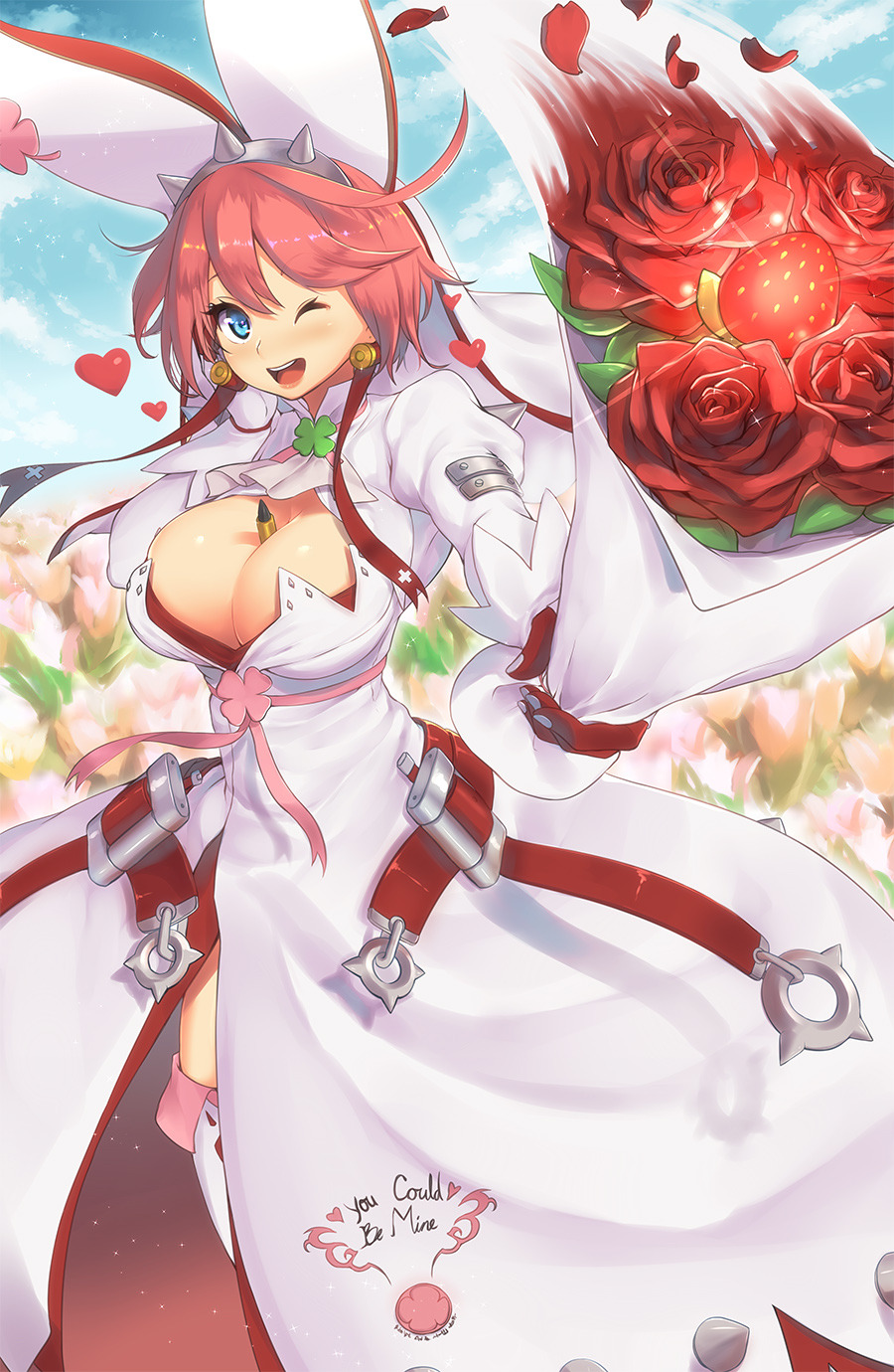 1girl ;d between_breasts blue_eyes blush bouquet breasts cleavage cloud clover dress earrings elphelt_valentine flower food four-leaf_clover fruit guilty_gear guilty_gear_xrd hairband heart highres jewelry large_breasts magister_(medical_whiskey) one_eye_closed open_mouth petals rose short_hair shotgun_shells sky smile solo spikes strawberry thighhighs