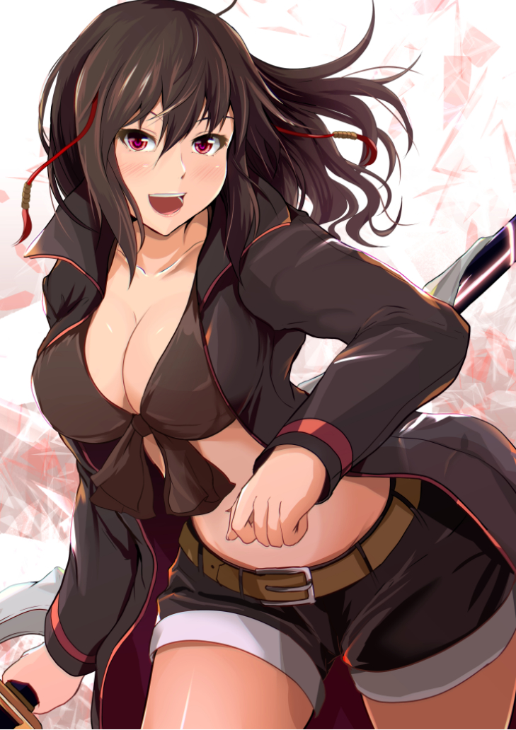 :d bad_id bad_pixiv_id bangs belt black_bikini_top black_hair black_jacket blush breasts cleavage collarbone commentary_request cowboy_shot front-tie_bikini front-tie_top hair_between_eyes holding holding_sword holding_weapon jacket kanzaki_kureha large_breasts leaning_forward long_hair long_sleeves open_clothes open_jacket open_mouth original red_eyes short_shorts shorts smile solo stomach sword weapon
