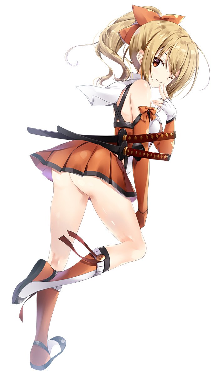 ;) ass back bangs bare_shoulders blonde_hair boots bow breasts capelet closed_mouth colored_eyelashes cross-laced_clothes elbow_gloves fingerless_gloves fingers_to_mouth from_side full_body gloves hair_bow hand_up high_ponytail highres isosaki_iori knee_boots kneepits leaning_forward leg_lift leg_up legs legs_apart light_smile long_hair looking_at_viewer looking_back microskirt multiple_swords ninja no_panties one_eye_closed pleated_skirt ponytail red_bow red_eyes red_footwear red_gloves red_ribbon red_skirt ribbon sheath sheathed sidelocks simple_background skirt sleeveless small_breasts smile solo standing standing_on_one_leg sword sword_behind_back taimanin_(series) taimanin_asagi_kessen_arena wavy_hair weapon white_background white_footwear white_gloves zinno