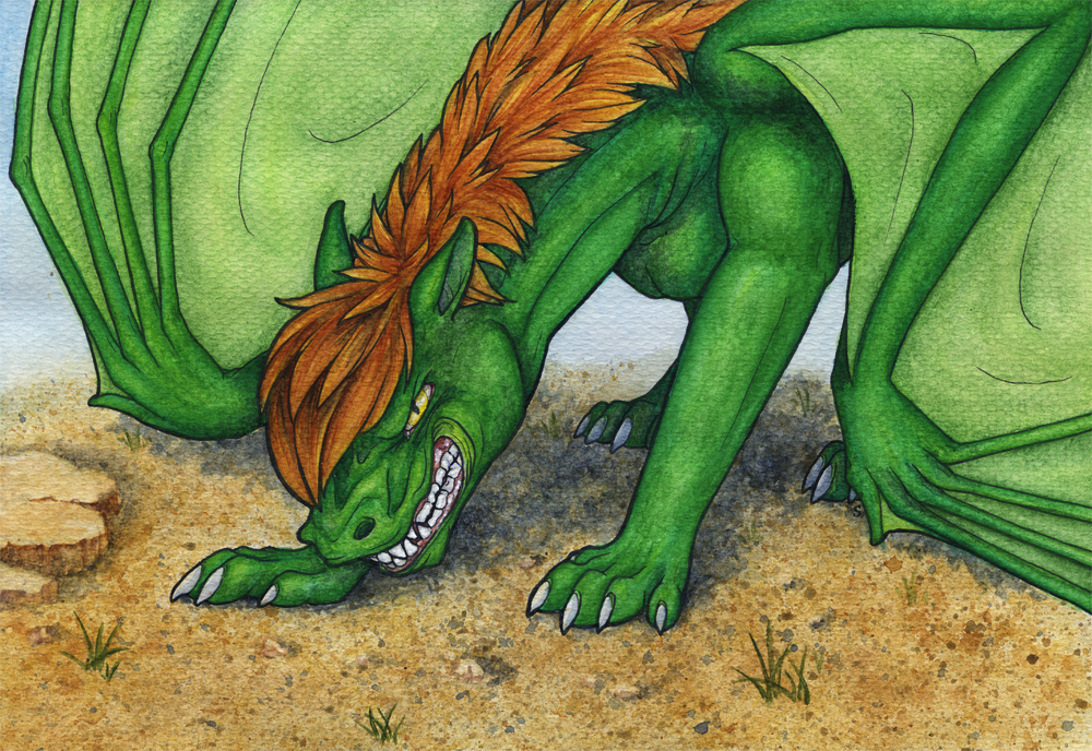 ambiguous_gender day dragon feral green_skin hair membranous_wings outside samantha-dragon solo standing teeth traditional_media_(artwork) wings yellow_eyes