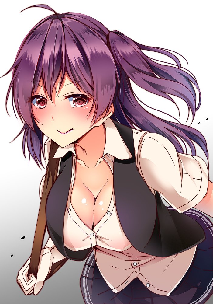 ahoge bag black_skirt black_vest blush breasts cleavage collarbone gloves hagikaze_(kantai_collection) kantai_collection large_breasts leaning_forward long_hair looking_at_viewer one_side_up open_clothes open_shirt open_vest pleated_skirt purple_eyes purple_hair shirt short_sleeves skirt solo suishin_tenra vest white_gloves white_shirt