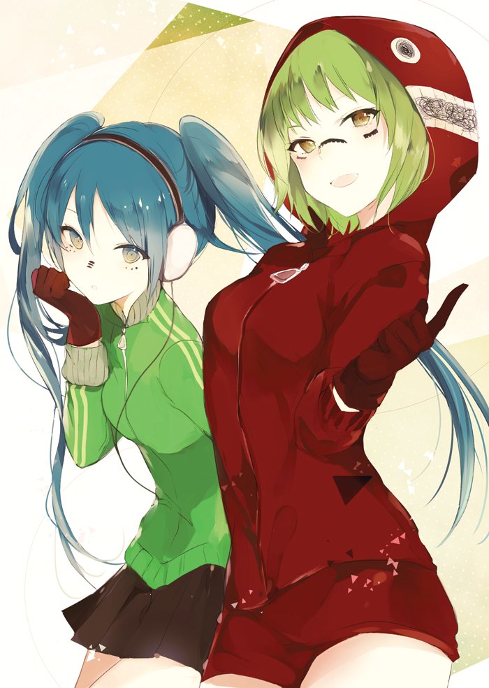 :d bangs black_skirt blue_hair blush breasts brown_eyes closed_mouth commentary_request cowboy_shot facepaint gloves green_hair green_jacket gumi hand_on_own_chin hatsune_miku headphones hood hood_up hoodie index_finger_raised jacket leaning_forward long_hair long_sleeves looking_at_viewer lpip matryoshka_(vocaloid) medium_breasts miniskirt multiple_girls open_mouth pleated_skirt red_gloves red_shorts ringed_eyes short_hair short_shorts shorts skirt smile standing thighs track_jacket triangle twintails two-tone_background vocaloid zipper