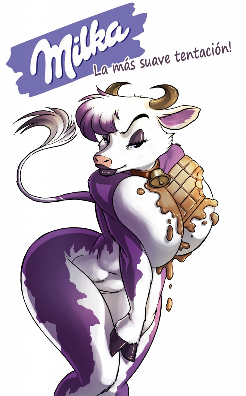 anthro bedroom_eyes bell_collar big_breasts bovine breasts candy cattle chochi chocolate collar eyelashes female food half-closed_eyes horn huge_breasts lips mammal mascot milka nude raised_eyebrow seductive simple_background solo spanish_text text white_background wide_hips