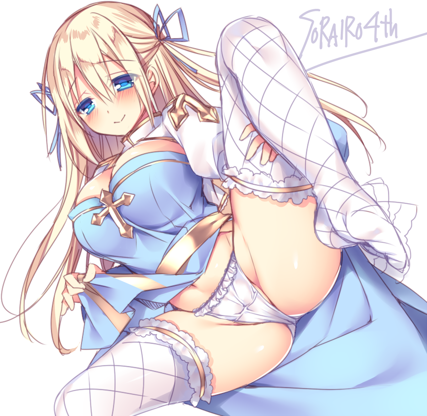 archbishop blonde_hair blue_dress blue_eyes blue_ribbon blush breasts cameltoe closed_mouth commentary_request cross dress hair_ribbon juliet_sleeves large_breasts long_hair long_sleeves looking_at_viewer panties partial_commentary puffy_sleeves ragnarok_online ribbon smile sorai_shin'ya spread_legs thighhighs underwear white_legwear white_panties