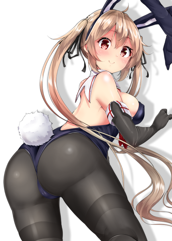 animal_ears ass bad_anatomy black_gloves black_legwear blush breasts brown_eyes brown_hair bunny_ears bunny_tail bunnysuit detached_collar elbow_gloves gloves kantai_collection large_breasts long_hair mokufuu murasame_(kantai_collection) pantyhose simple_background solo tail thighband_pantyhose twintails