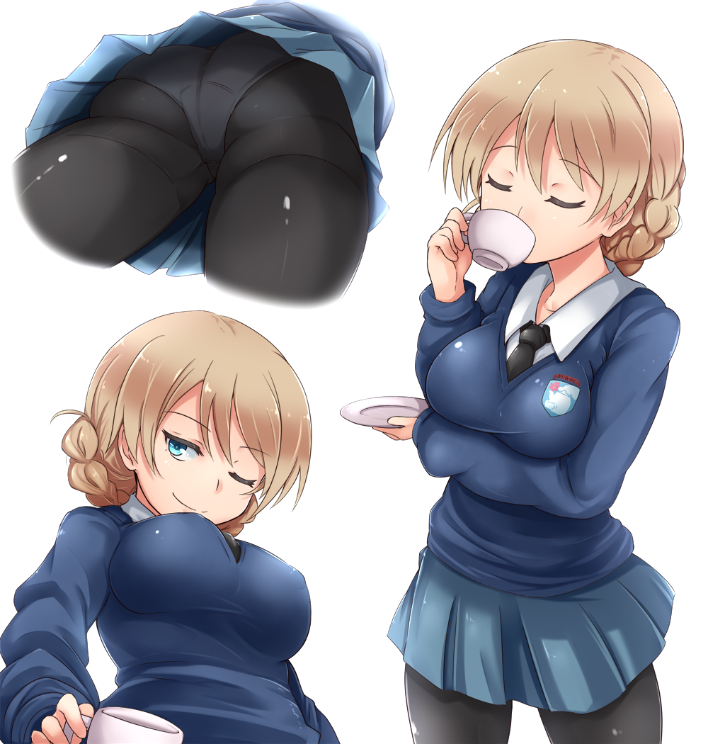 ass black_legwear blonde_hair blue_eyes blue_skirt blue_sweater braid breasts closed_eyes collared_shirt cup darjeeling drinking emblem girls_und_panzer kitayama_miuki medium_breasts multiple_views necktie one_eye_closed panties panties_under_pantyhose pantyhose pleated_skirt saucer school_uniform shirt short_hair skirt smile st._gloriana's_(emblem) st._gloriana's_school_uniform sweater teacup thighs underwear white_panties white_shirt