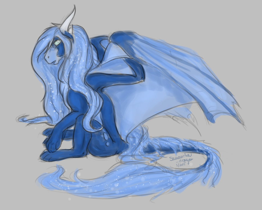blue_eyes blue_hair digital_media_(artwork) dragon female feral hair horn membranous_wings paws samantha-dragon simple_background solo wings