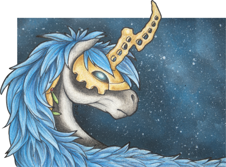 ambiguous_gender blue_eyes blue_hair equine feral hair horn horse mammal mask samantha-dragon solo traditional_media_(artwork)
