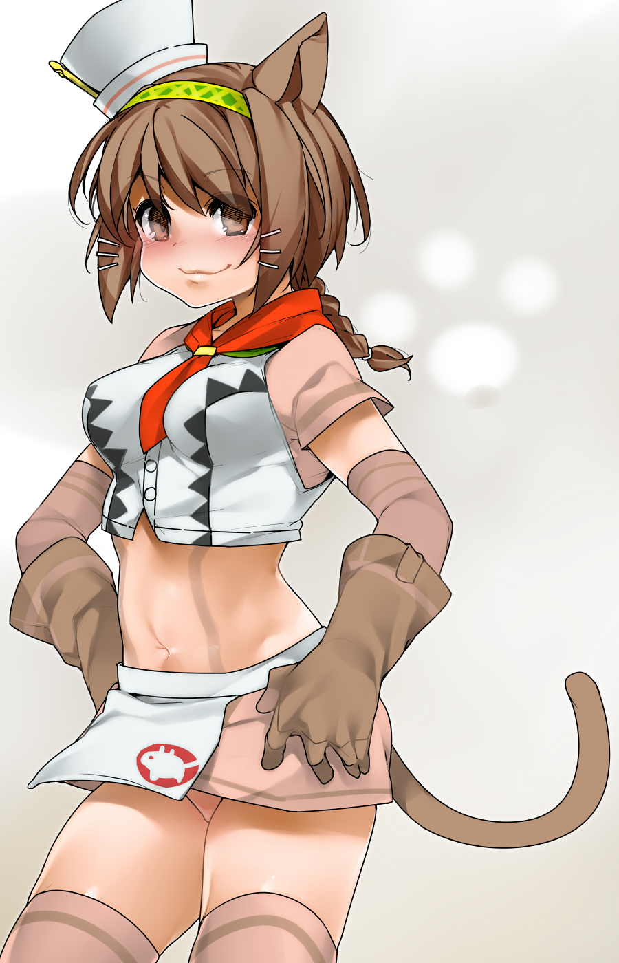 :3 animal_ears blush body_markings braid brown_eyes brown_hair cat_ears cat_tail elbow_gloves gloves grey_background hairband hands_on_hips hat highres kochiya_(gothope) leather leather_gloves midriff monster_hunter monster_hunter_x monster_hunter_xx navel paw_print shirt short_hair skirt smile solo tail