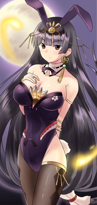 animal_ears armlet asymmetrical_legwear bangs bare_shoulders black_hair black_legwear black_leotard blunt_bangs blush bracelet breasts brown_eyes bunny_ears bunny_girl bunnysuit cleavage commentary_request cowboy_shot detached_collar earrings fake_animal_ears flower_knight_girl full_moon himeshara_(flower_knight_girl) ishizu_kayu jewelry large_breasts leotard long_hair looking_at_viewer moon pantyhose saishi solo thighhighs very_long_hair