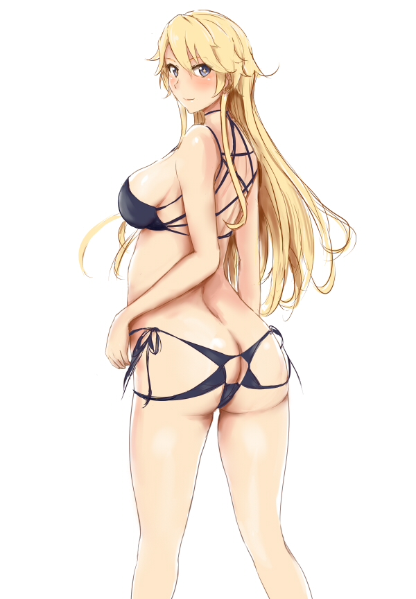 arm_at_side ass bangs bare_arms bare_legs bare_shoulders bikini black_bikini black_ribbon blonde_hair blue_eyes blush breasts closed_mouth dosaken eyebrows_visible_through_hair from_behind hand_on_hip iowa_(kantai_collection) kantai_collection large_breasts long_hair looking_back meme_attire pentagram_cutout ribbon shiny shiny_skin side-tie_bikini sideboob sketch smile solo standing star star-shaped_pupils swimsuit symbol-shaped_pupils thighs tsurime very_long_hair