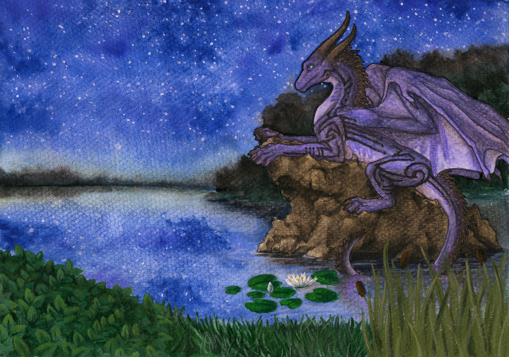 ambiguous_gender claws dragon feral grass horn membranous_wings samantha-dragon scalie sky smile solo star starry_sky traditional_media_(artwork) water western_dragon wings