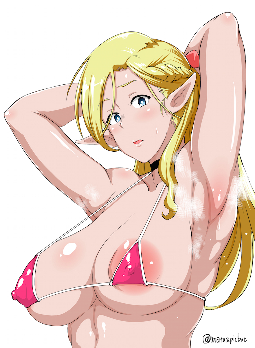 areola_slip areolae armpits arms_up bikini bikini_top blonde_hair blue_eyes blush braid breasts choker covered_nipples dungeon_meshi eyebrows_visible_through_hair fan_no_hitori hair_ornament highres large_areolae large_breasts long_hair looking_at_viewer marcille micro_bikini open_mouth pink_bikini pointy_ears simple_background solo swimsuit white_background
