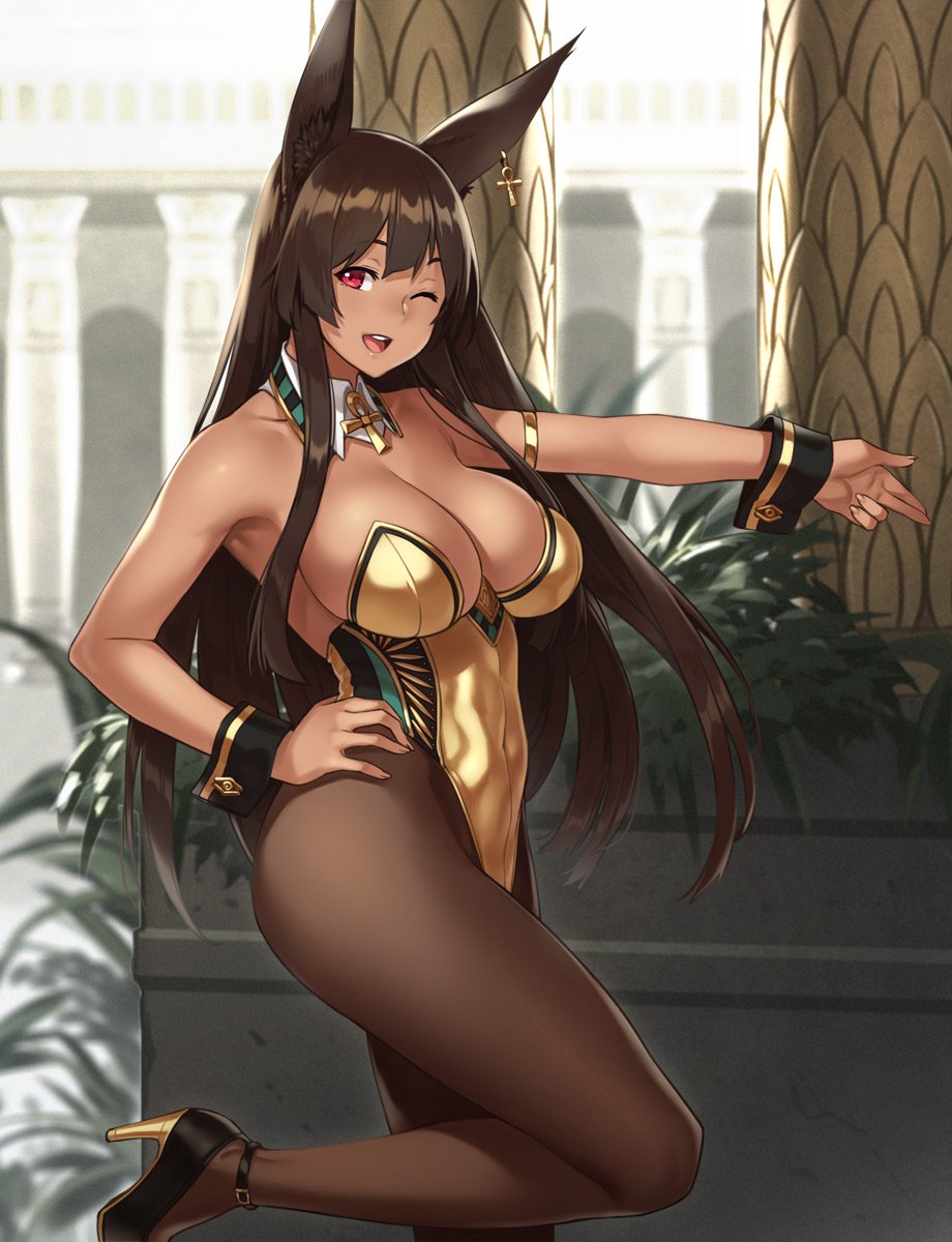 ;d animal_ears ankh anubis_(houtengeki) armlet ass bangs bare_arms bare_shoulders black_footwear black_legwear blunt_bangs breasts brown_hair cleavage collarbone commentary covered_navel cross cross_earrings day detached_collar earrings egyptian_mythology fox_ears fox_tail hand_on_hip high_heels highres houtengeki jewelry large_breasts leg_up leotard long_hair looking_at_viewer one_eye_closed open_mouth original outstretched_arm pantyhose pillar plant playboy_bunny_leotard potted_plant red_eyes round_teeth shoes sidelocks skin_tight smile solo standing standing_on_one_leg strapless strapless_leotard sunlight tail tareme teeth very_long_hair wrist_cuffs yellow_leotard