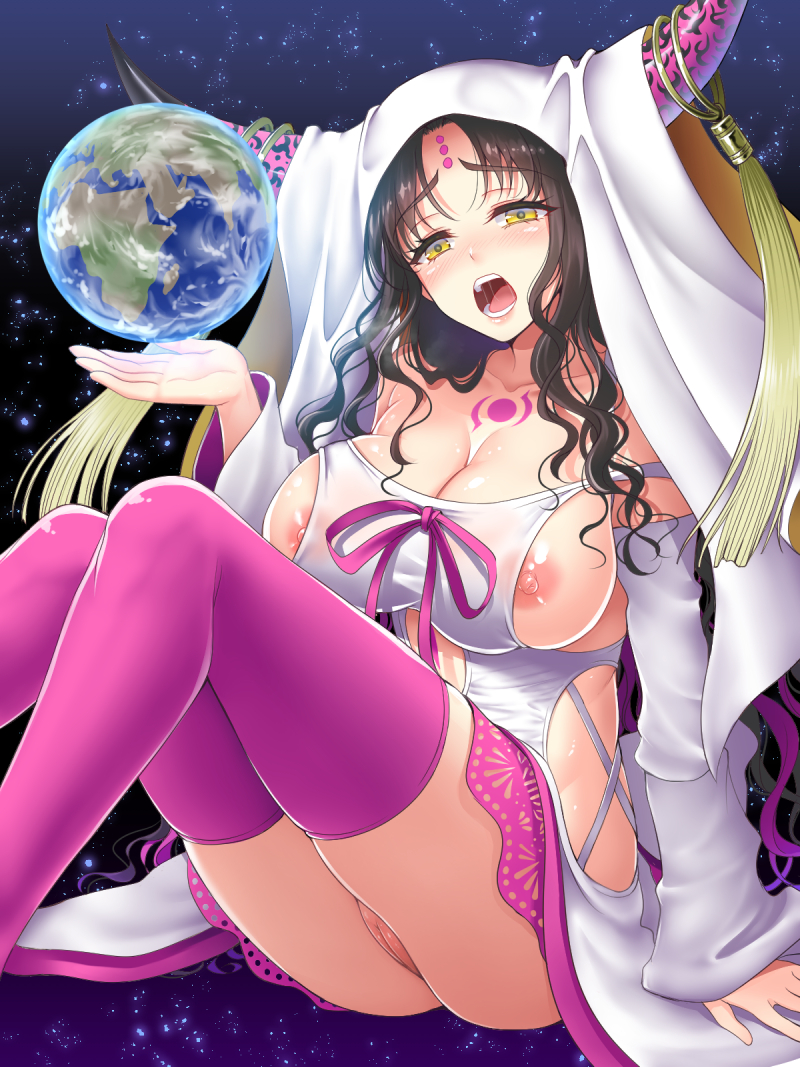 bare_shoulders black_hair blush breasts cleavage collarbone commentary_request detached_sleeves earth facial_mark fate/extra fate/extra_ccc fate_(series) forehead_mark horns large_breasts long_hair long_sleeves looking_at_viewer multicolored_hair nipple_slip nipples open_mouth panties pink_hair pink_legwear pink_panties pink_ribbon ribbon sesshouin_kiara solo tareme tattoo thighhighs two-tone_hair underwear veil very_long_hair wavy_hair yellow_eyes youshuu