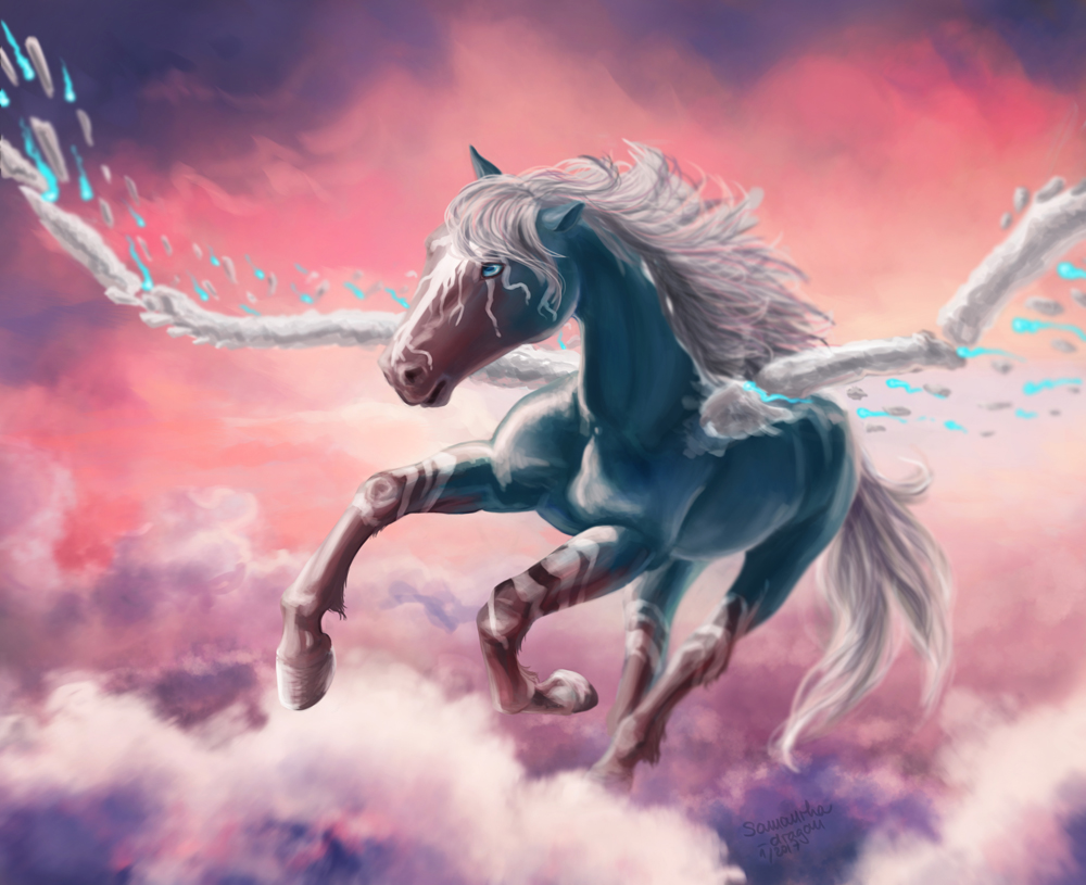 ambiguous_gender day detailed_background equine feral flying hair mammal outside pegasus samantha-dragon sky solo white_hair wings