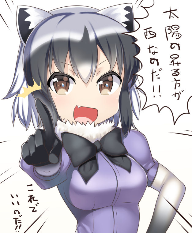 :d animal_ears black_hair bow brown_eyes common_raccoon_(kemono_friends) emphasis_lines fang fur_collar kemono_friends looking_at_viewer multicolored_hair nagase_haruhito open_mouth pointing raccoon_ears smile solo tensai_bakabon translated
