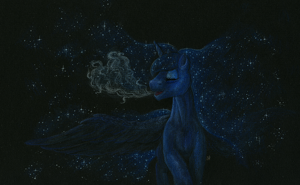 blue_feathers cosmic_hair equine eyelashes eyes_closed feathered_wings feathers female feral friendship_is_magic horn mammal my_little_pony princess_luna_(mlp) samantha-dragon solo traditional_media_(artwork) winged_unicorn wings