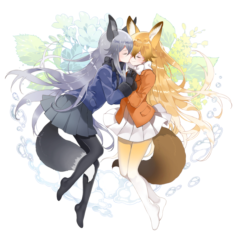 animal_ears bangs black_bow black_gloves black_legwear black_neckwear black_skirt blonde_hair bow bowtie cheek_kiss closed_eyes ezo_red_fox_(kemono_friends) floral_background fox_ears fox_tail full_body fur_trim gloves grey_hair holding_hands jacket kemono_friends kiss long_hair long_sleeves multiple_girls no_shoes pantyhose pleated_skirt pocket shiosoda silver_fox_(kemono_friends) skirt smile tail very_long_hair water_drop white_bow white_neckwear white_skirt yuri