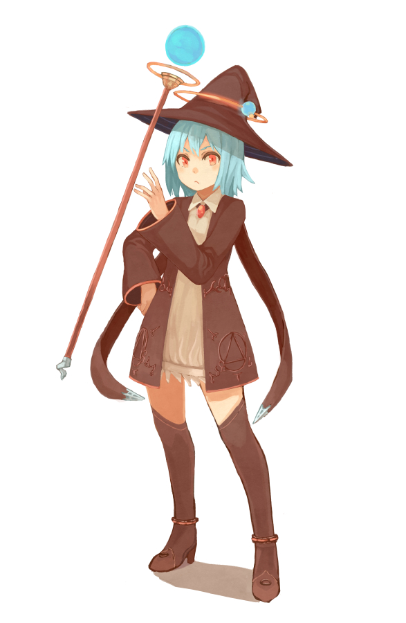 angry blue_hair boots dress floating floating_object gem hand_on_hip hat levitation orange_eyes original peroncho staff telekinesis thigh_boots thighhighs white_background wide_sleeves witch_hat