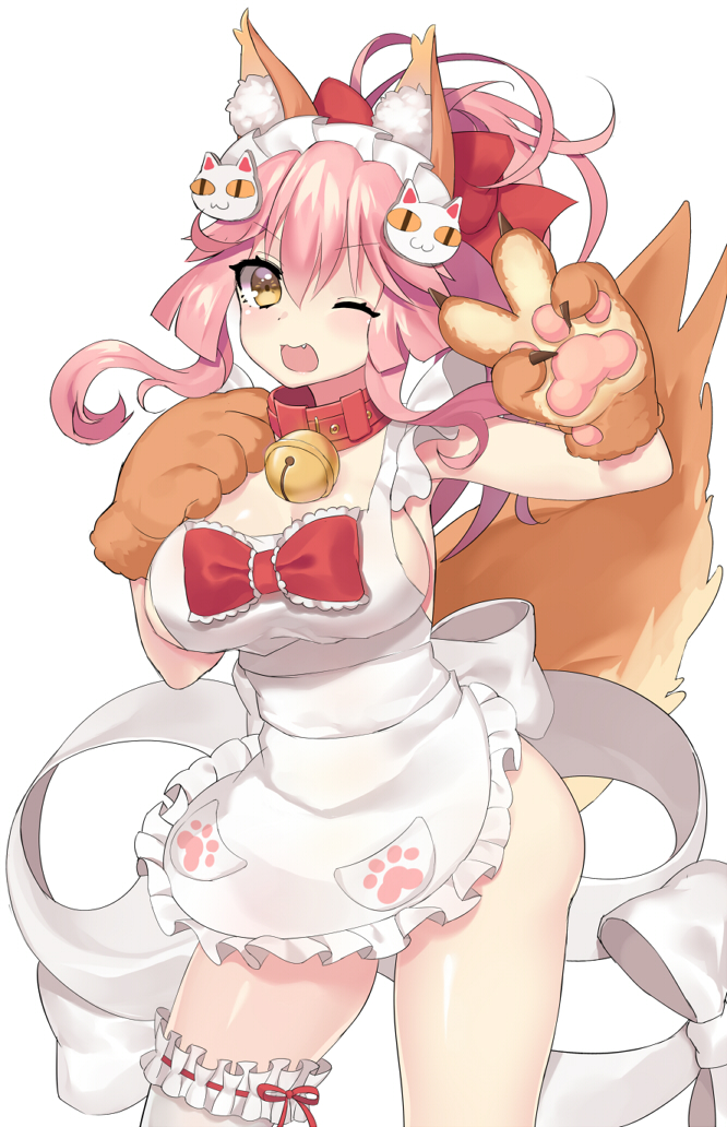 ;d animal_ears apron arm_up bell blush bow breasts brown_eyes brown_gloves cat_hair_ornament claws cleavage collar collarbone commentary contrapposto cowboy_shot eyebrows_visible_through_hair fang fate/grand_order fate_(series) fox_ears fox_tail frilled_bow frills gloves hair_bow hair_ornament hand_gesture hand_on_own_shoulder jingle_bell large_breasts leg_garter long_hair looking_at_viewer naked_apron one_eye_closed open_mouth paw_gloves paw_print paws pink_hair pocket ponytail red_bow red_ribbon ribbon ribbon_trim roro_(shisi4656) sidelocks simple_background single_thighhigh smile solo standing tail tamamo_(fate)_(all) tamamo_cat_(fate) thighhighs thighs tsurime v v-shaped_eyebrows white_apron white_background white_legwear