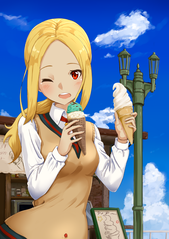 ;d alternate_costume alternate_hairstyle ame. bangs blonde_hair blush cloud collared_shirt dark_skin day feeding food gravity_daze ice_cream kitten_(gravity_daze) long_hair long_sleeves looking_at_viewer one_eye_closed open_mouth outdoors parted_bangs ponytail pov_feeding red_eyes school_uniform shirt sky smile solo sweater_vest vanilla