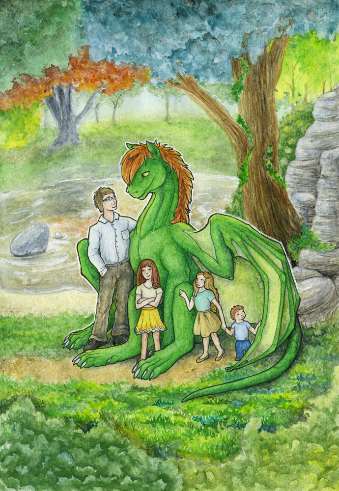 ambiguous_gender blonde_hair brown_hair claws day dragon female feral hair human male mammal membranous_wings orange_hair outside rock samantha-dragon scalie sitting smile traditional_media_(artwork) tree western_dragon wings