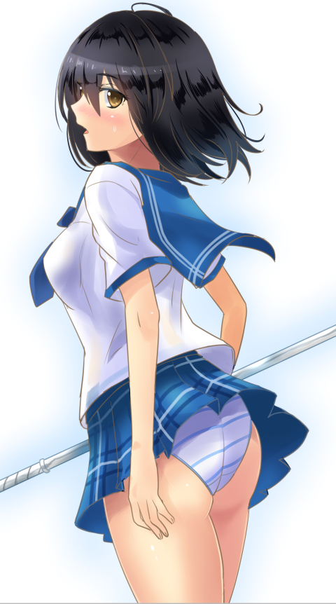 ass black_hair blue_skirt blush breasts brown_eyes commentary_request cowboy_shot from_side himeragi_yukina holding holding_weapon ishizu_kayu looking_at_viewer looking_to_the_side medium_breasts panties parted_lips plaid plaid_skirt pleated_skirt polearm saikai_academy_uniform school_uniform serafuku skirt solo spear strike_the_blood striped striped_panties underwear weapon