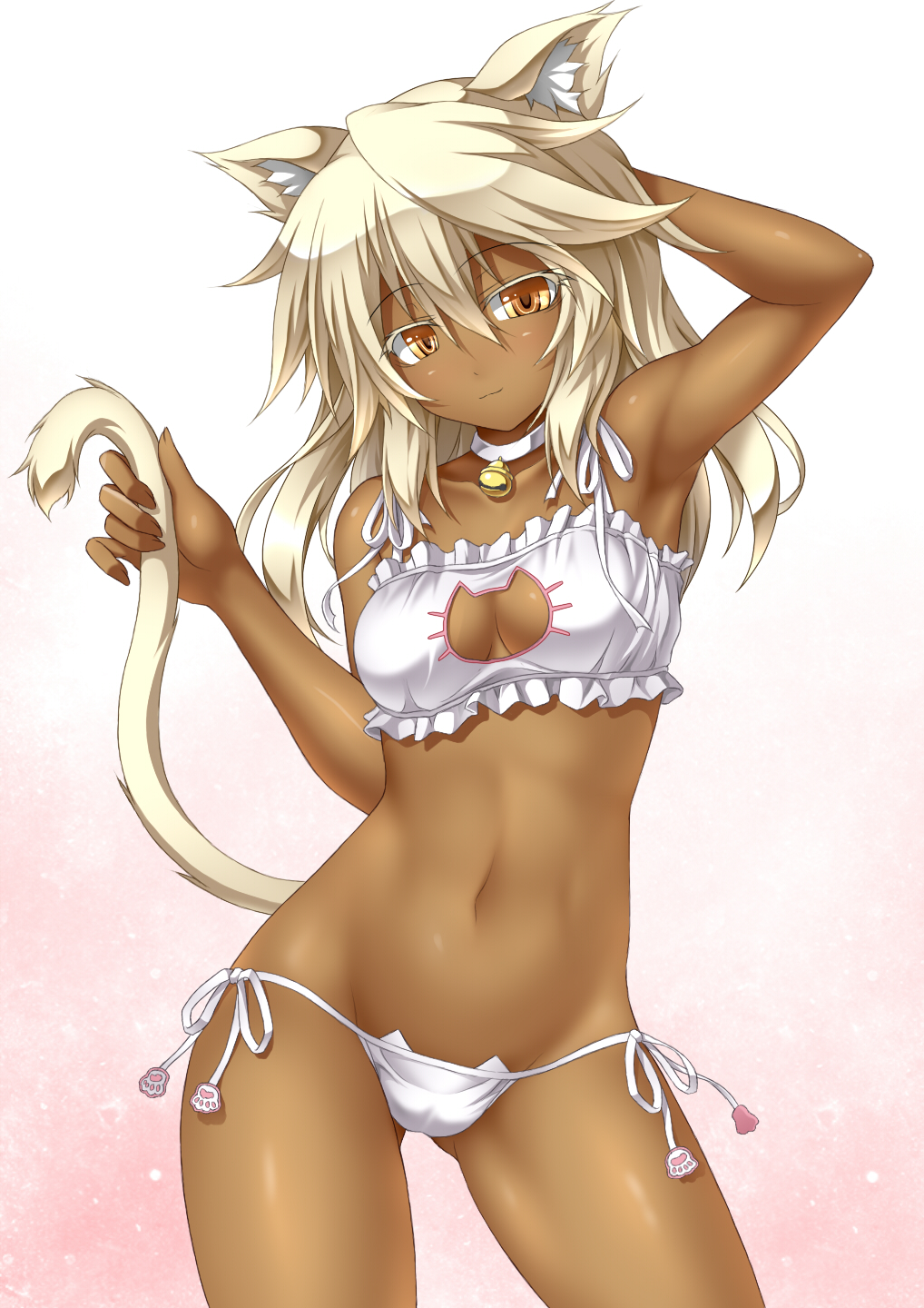 alternate_costume animal_ears armpits bare_arms bare_shoulders bell bell_choker blonde_hair blush bra breasts brown_eyes cat_cutout cat_ear_panties cat_ears cat_lingerie cat_tail choker cleavage_cutout closed_mouth commentary_request cowboy_shot frilled_bra frills groin guilty_gear guilty_gear_xrd hair_between_eyes highres holding_tail jingle_bell kemonomimi_mode long_hair looking_at_viewer medium_breasts meme_attire navel panties platinum_blonde_hair ramlethal_valentine roura side-tie_panties smile solo stomach tail underwear underwear_only white_bra