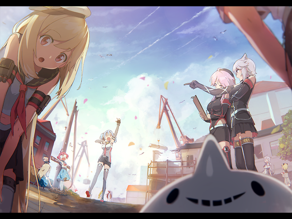 admiral_scheer_(zhan_jian_shao_nyu) aiguillette armband belt bird bismarck_(zhan_jian_shao_nyu) black_legwear black_skirt blonde_hair blue_hair blue_skirt blue_sky blurry bound breasts building claxton_(zhan_jian_shao_nyu) clipboard cloud cloudy_sky condensation_trail construction crane day eyebrows_visible_through_hair galo_(zhan_jian_shao_nyu) glasses graf_spee_(zhan_jian_shao_nyu) grey_legwear hat headphones leaning_forward letterboxed lino-lin long_hair looking_at_viewer mahan_(zhan_jian_shao_nyu) medium_breasts midriff military_hat miniskirt multiple_girls navel o'bannon_(zhan_jian_shao_nyu) official_art open_mouth outdoors pencil_skirt petals pink_hair pleated_skirt pointing pointing_up prinz_eugen_(zhan_jian_shao_nyu) red_eyes red_hair sailor_collar sailor_shirt seagull shirt skirt sky sleeveless thighhighs tied_up tirpitz_(zhan_jian_shao_nyu) tomato_(lsj44867) torpedo twintails vittorio_veneto_(zhan_jian_shao_nyu) white_belt white_hat white_legwear white_shirt william_d_porter_(zhan_jian_shao_nyu) zettai_ryouiki zhan_jian_shao_nyu