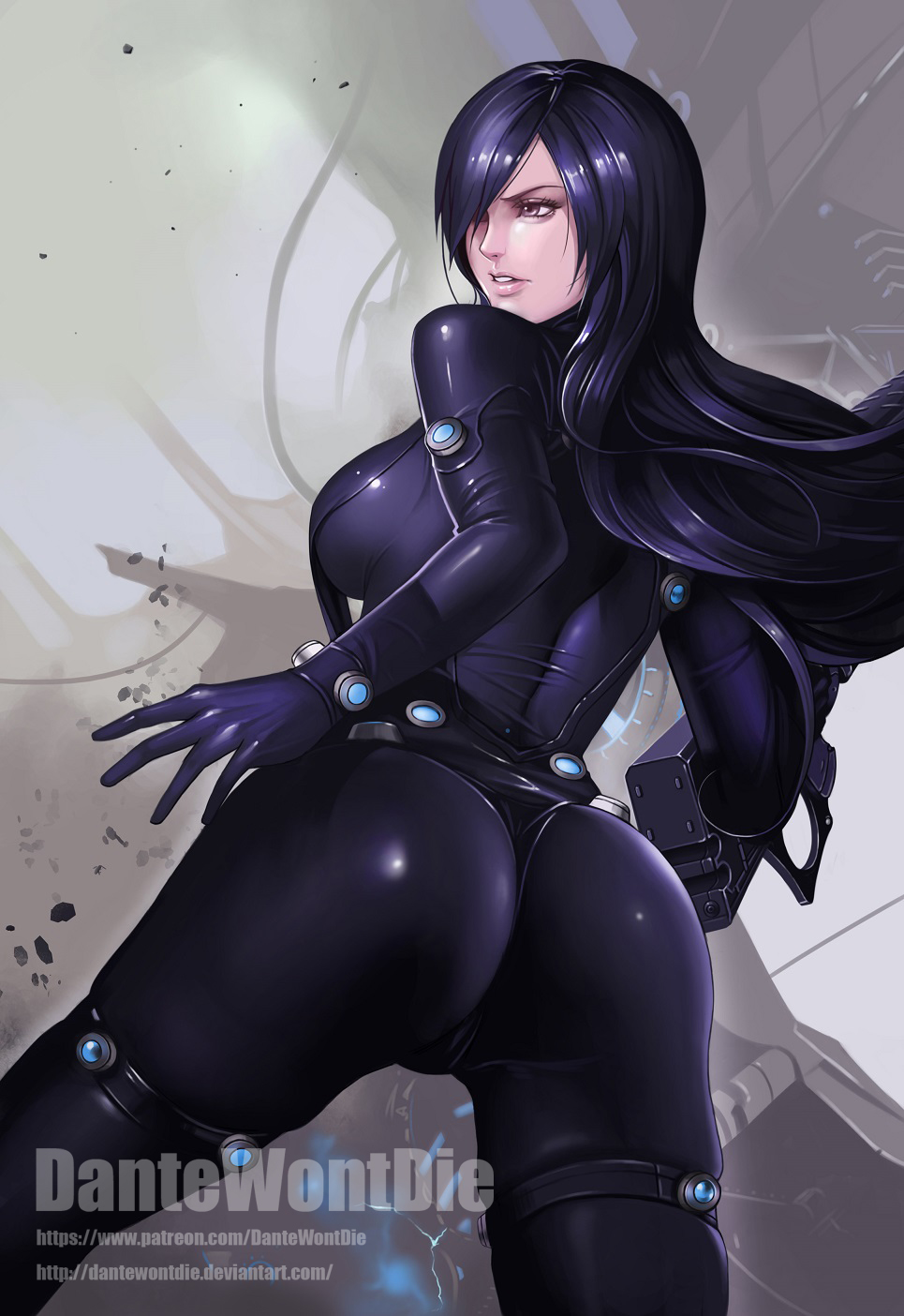 ass banned_artist bent_over black_bodysuit black_hair bodysuit breasts brown_eyes commentary_request cowboy_shot deviantart_username from_behind gantz gantz_suit gun hair_over_one_eye highres holding holding_gun holding_weapon large_breasts long_hair looking_away parted_lips patreon_username rifle shimohira_reika skin_tight solo watermark weapon web_address yinan_cui