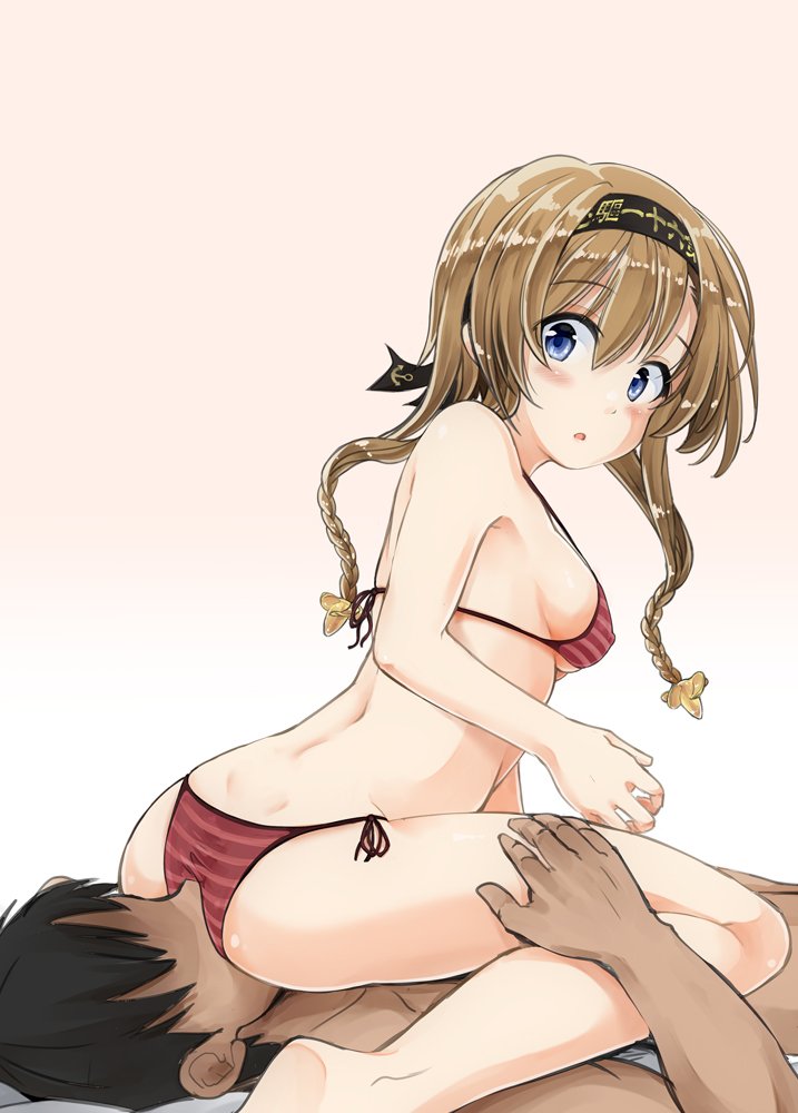 1girl ass bikini blue_eyes blush braid breasts brown_hair clothes_writing covered_nipples dimples_of_venus eyebrows_visible_through_hair faceless faceless_male gradient gradient_background habara_meguru hair_between_eyes hair_ornament halterneck hand_on_thigh headband kantai_collection long_hair looking_at_another looking_back medium_breasts open_mouth panties pink_background propeller_hair_ornament side-tie_panties sideboob sitting sitting_on_face sitting_on_person skindentation striped striped_bikini striped_panties swimsuit tan teruzuki_(kantai_collection) twin_braids underboob underwear underwear_only