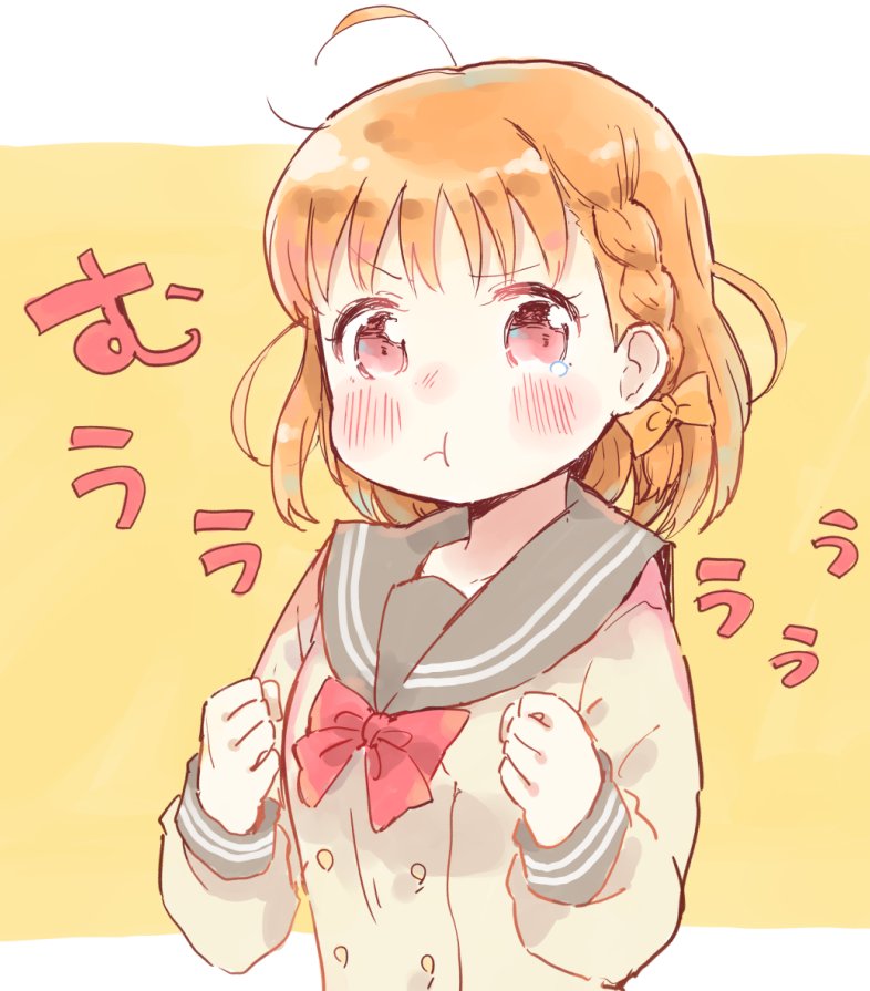 :t ahoge blush bow braid clenched_hands commentary_request double-breasted hair_bow love_live! love_live!_sunshine!! orange_background orange_hair pout red_bow red_eyes school_uniform serafuku shijimi_kozou short_hair side_braid simple_background solo takami_chika tears uranohoshi_school_uniform yellow_bow