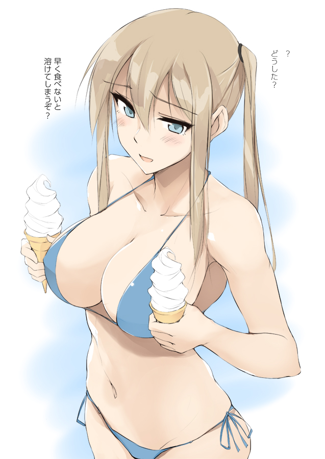 bare_arms bare_legs bare_shoulders bikini blonde_hair blue_bikini blue_eyes breasts commentary_request food graf_zeppelin_(kantai_collection) hair_between_eyes ice_cream kantai_collection large_breasts long_hair sidelocks solo swimsuit translated twintails zekkyon