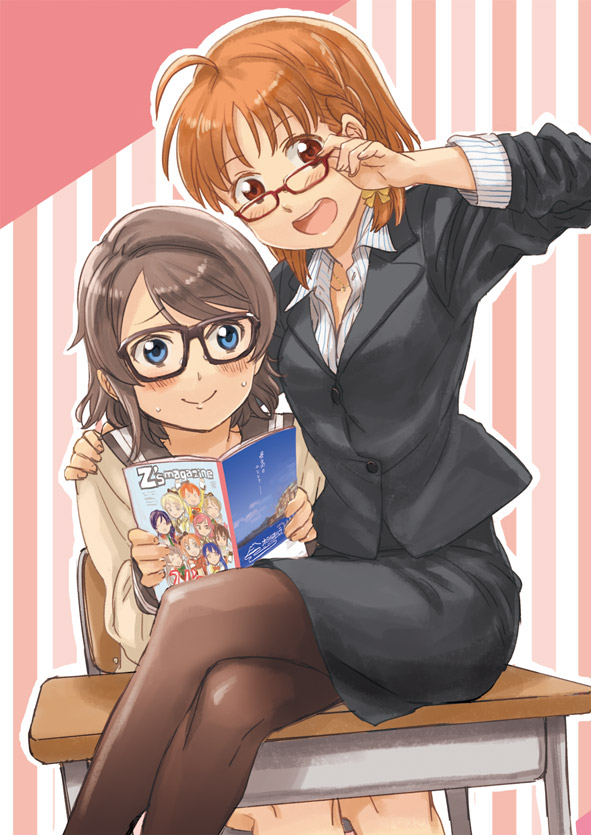 :d adjusting_eyewear ahoge arm_around_shoulder ayase_eli bangs bespectacled black-framed_eyewear black_legwear black_skirt blue_eyes blush bow braid collared_shirt commentary_request cover cover_page crossed_legs desk doujin_cover formal fukutarou_(enji127) glasses grey_hair hair_bow hoshizora_rin koizumi_hanayo kousaka_honoka long_hair looking_at_viewer love_live! love_live!_school_idol_project love_live!_sunshine!! magazine minami_kotori multiple_girls nishikino_maki office_lady on_desk open_mouth orange_hair pantyhose pencil_skirt pinstripe_pattern red-framed_eyewear red_eyes school_desk school_uniform serafuku shirt short_hair side_braid sitting sitting_on_desk skirt skirt_suit smile sonoda_umi striped suit sweatdrop swept_bangs takami_chika toujou_nozomi uranohoshi_school_uniform watanabe_you yazawa_nico yellow_bow