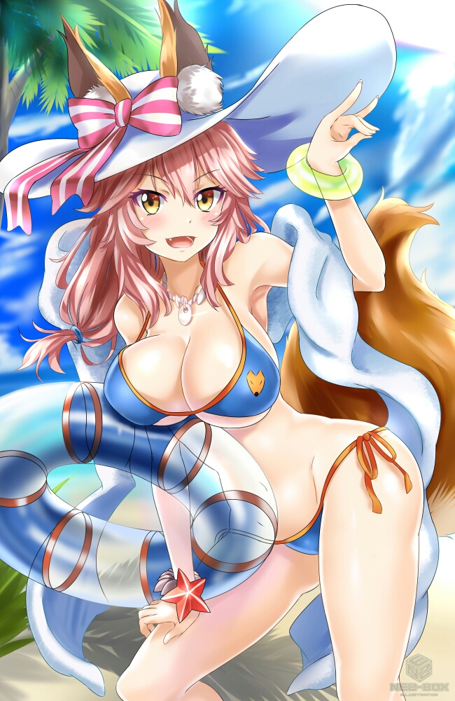 :d animal_ears armpits bare_shoulders bikini blue_bikini blush bow bracelet breasts cleavage commentary commission contrapposto cowboy_shot day ears_through_headwear english_commentary fang fate/grand_order fate_(series) fox_ears fox_girl fox_shadow_puppet fox_tail hair_between_eyes hat hat_bow innertube jewelry large_breasts long_hair looking_at_viewer navel necklace nez-kun open_mouth outdoors pink_hair shawl side-tie_bikini smile solo standing sun_hat sunlight swimsuit tail tamamo_(fate)_(all) tamamo_no_mae_(fate) tamamo_no_mae_(swimsuit_lancer)_(fate) v-shaped_eyebrows white_hat yellow_eyes