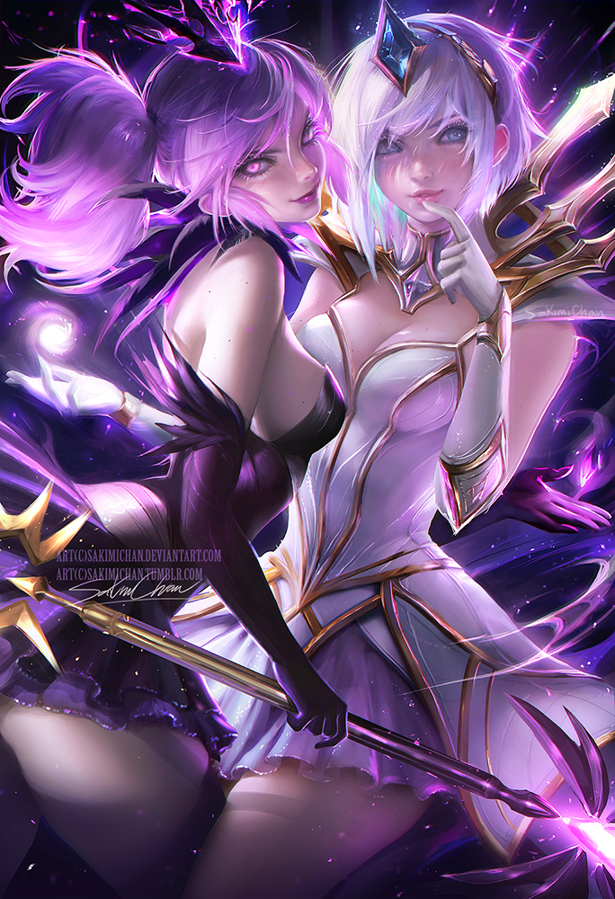 2girls bare_shoulders breasts cleavage dark_elementalist_lux elbow_gloves elementalist_lux league_of_legends light_elementalist_lux lipstick looking_at_viewer luxanna_crownguard multiple_girls purple_eyes purple_hair sakimichan sideboob skirt smile staff watermark white_eyes white_hair