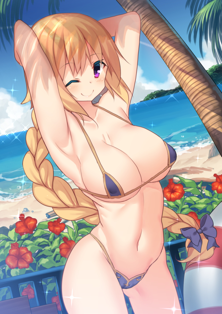 armpits arms_up ass_visible_through_thighs beach bikini blonde_hair bow braid breasts cleavage cloud covered_nipples craytm day fate/apocrypha fate_(series) flower hair_bow jeanne_d'arc_(fate) jeanne_d'arc_(fate)_(all) large_breasts looking_at_viewer micro_bikini navel one_eye_closed outdoors palm_tree red_eyes skindentation sky smile standing swimsuit tree