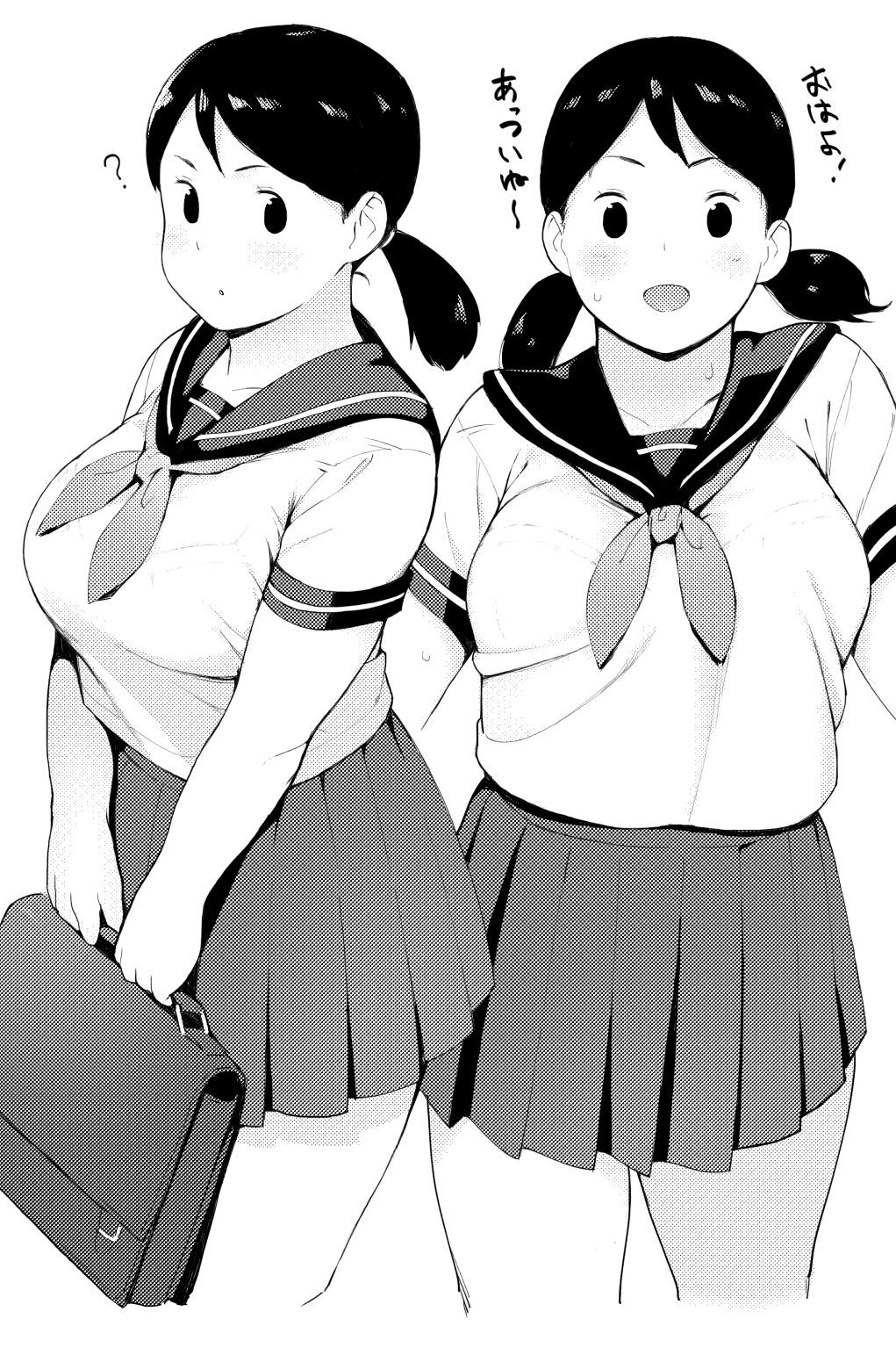 :d ? accio bag blush breasts collarbone cowboy_shot greyscale highres holding holding_bag large_breasts looking_at_viewer monochrome multiple_views open_mouth original parted_lips pleated_skirt plump school_bag school_uniform serafuku short_twintails simple_background skirt smile twintails