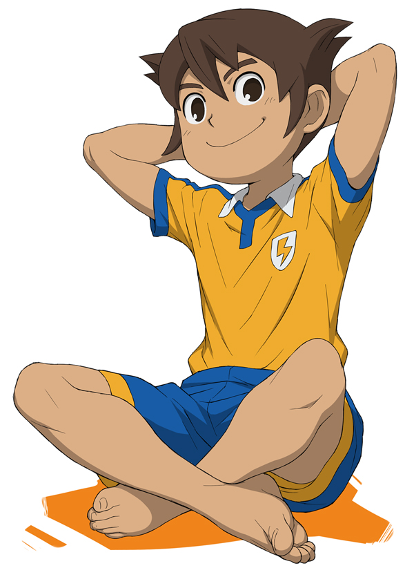 1boy barefoot brown_eyes brown_hair endou_mamoru feet inazuma_eleven inazuma_eleven_(series) looking_at_viewer male_focus shota sitting smile soccer_uniform solo white_background yamamiya_hiroshi young