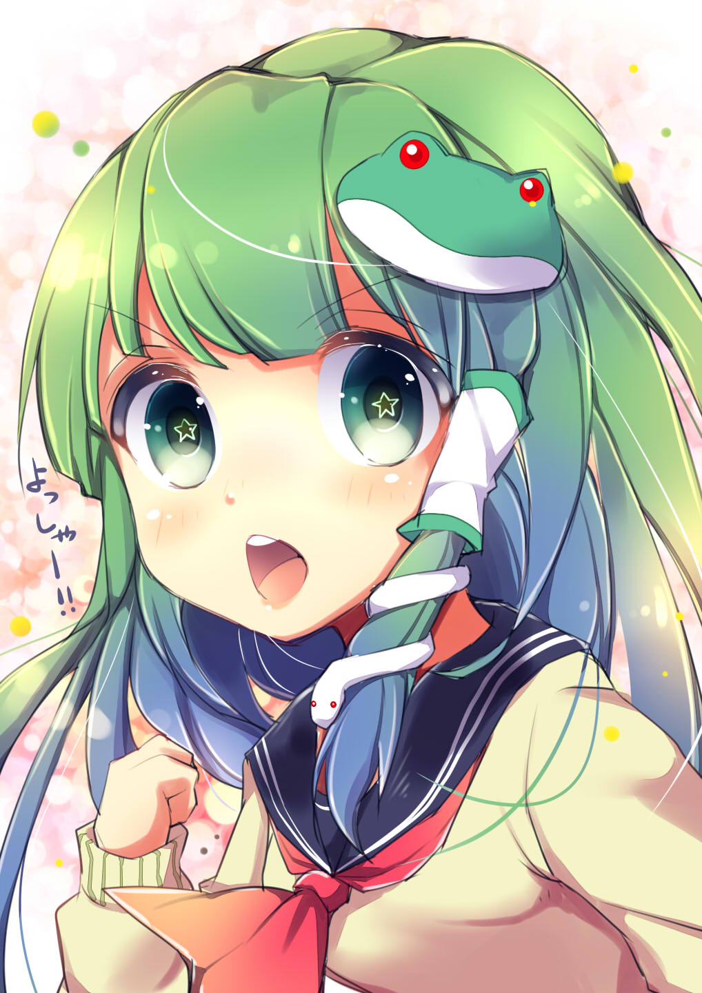 alternate_costume frog_hair_ornament gradient_hair green_eyes hair_ornament hair_tubes highres kochiya_sanae long_hair multicolored_hair neckerchief open_mouth school_uniform serafuku snake_hair_ornament solo star star-shaped_pupils sweater symbol-shaped_pupils touhou translation_request uniform uta_(kuroneko)