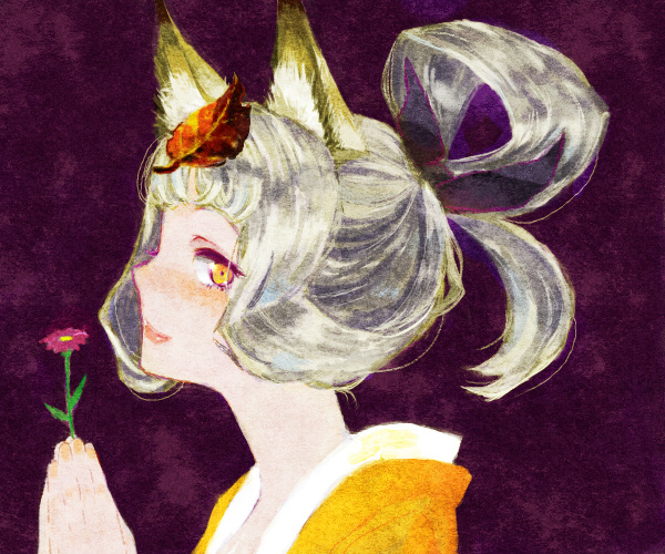 animal_ears blush flower hair_ribbon hair_rings kongiku leaf leaf_on_head lipstick makeup oboro_muramasa profile revision ribbon smile solo tanmomo_(rcw) upper_body yellow_eyes