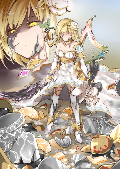 1girl animal_ears bell blonde_hair blurry blurry_background breasts broken_glass bunny bunny_ears cleavage commentary_request detached_sleeves djeeta_(granblue_fantasy) dress flower glass granblue_fantasy hair_ornament harp high_heels holding holding_weapon instrument kazetto shaded_face shoulder_armor slime solo staff sword the_glory thighhighs weapon white_dress white_flower yellow_eyes