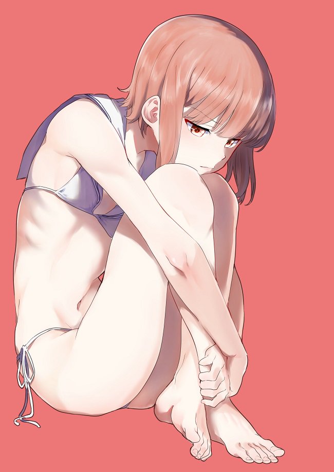 alternate_costume banned_artist barefoot bikini blush breasts brown_hair closed_mouth commentary_request eyebrows_visible_through_hair feet flat_chest full_body kantai_collection leg_hug no_hat no_headwear sailor_bikini sailor_collar short_hair side-tie_bikini simple_background sitting small_breasts solo swimsuit tachikoma_(mousou_teikoku) z3_max_schultz_(kantai_collection)