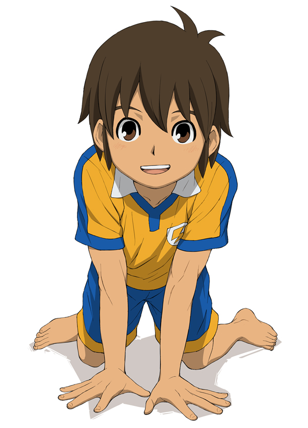 1boy all_fours barefoot brown_eyes brown_hair feet handa_shin'ichi inazuma_eleven inazuma_eleven_(series) looking_at_viewer male_focus open_mouth smile soccer_uniform solo white_background yamamiya_hiroshi young