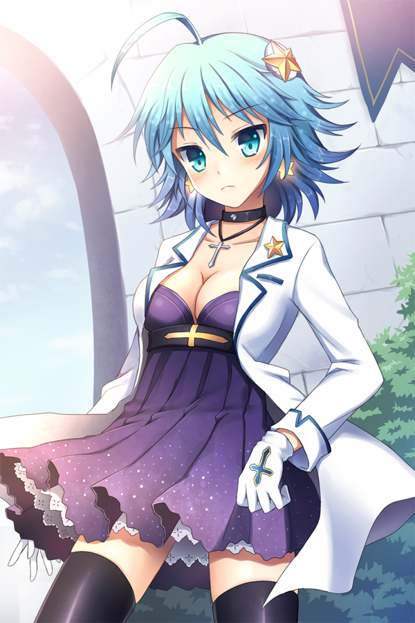 ahoge black_legwear blue_eyes blue_hair blush breasts choker cleavage collarbone cross dress earrings frilled_dress frills frown gart gloves hair_ornament hairpin jacket jewelry mauve medium_breasts necklace pleated_dress short_hair skindentation solo star sword_girls thighhighs