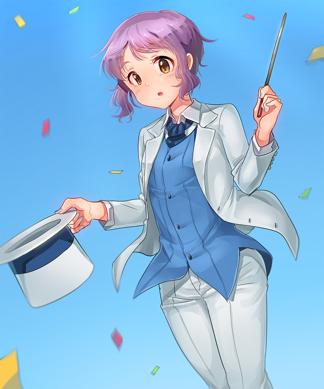 bangs baton blue_background blue_vest breasts buttons collared_shirt commentary confetti cowboy_shot eyebrows_visible_through_hair formal hat hat_removed headwear_removed highres holding holding_hat idolmaster idolmaster_million_live! jacket kamille_(vcx68) long_sleeves looking_at_viewer magician makabe_mizuki nail_polish open_mouth pants purple_hair shirt short_hair short_hair_with_long_locks sidelocks small_breasts solo standing suit suit_jacket top_hat vest white_coat white_hat white_pants white_shirt wind wing_collar yellow_eyes