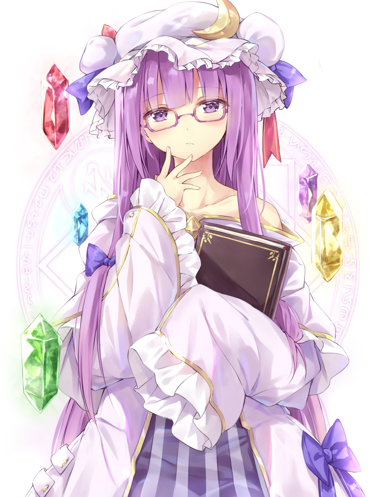 :/ bangs bare_shoulders bespectacled blue_bow blunt_bangs blush book bow collarbone commentary_request crescent crescent_hair_ornament crystal dress glasses hair_bow hair_ornament hand_on_own_face hat head_tilt holding holding_book izuru long_hair looking_at_viewer magic_circle mob_cap off_shoulder patchouli_knowledge purple-framed_eyewear purple_eyes purple_hair red_bow simple_background sleeves_past_wrists solo striped striped_dress touhou very_long_hair white_background wide_sleeves
