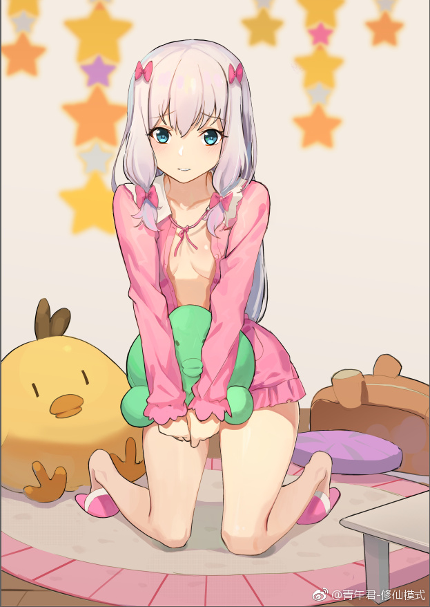 aqua_eyes blurry blush bow breasts buttons carpet clenched_hands collarbone collared_shirt eromanga_sensei frilled_shirt frilled_shirt_collar frilled_sleeves frills full_body gradient_hair hair_bow hair_ornament hair_ribbon holding holding_stuffed_animal indoors izumi_sagiri kneeling lavender_hair long_hair long_sleeves looking_at_viewer low-tied_long_hair mobile multicolored_hair no_pants open_clothes open_shirt pajamas pillow pink_bow pink_ribbon pink_shirt ribbon room seinen shadow shirt shy silver_hair slippers small_breasts solo star stuffed_animal stuffed_duck stuffed_octopus stuffed_toy table teeth tress_ribbon two-tone_hair watermark weibo_logo weibo_username